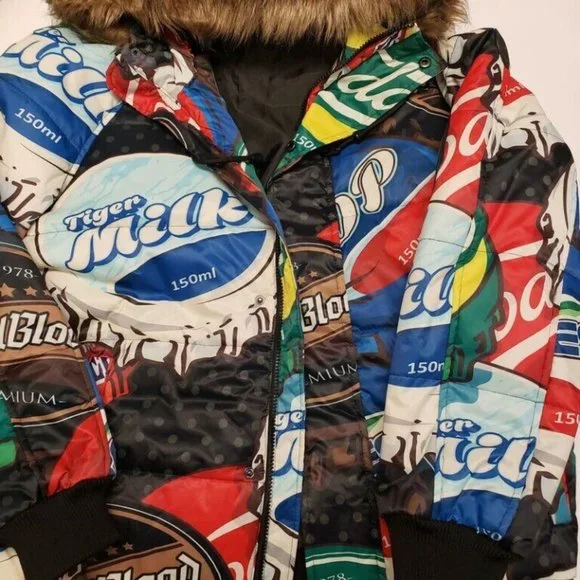 Members Only Mens Size M Black Soda Bottle Cap Jacket Faux Fur Hooded Puffer - Picture 2 of 7